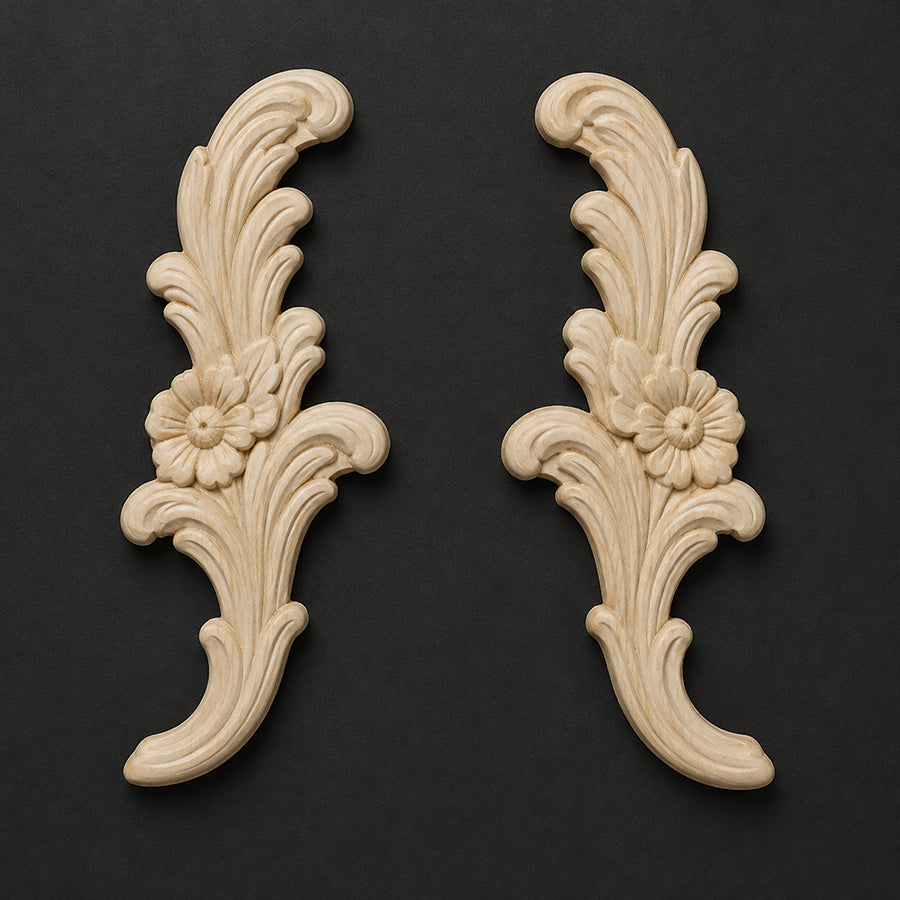 Slender Floral Scroll Appliques (Pair) - Leaves & Acanthus