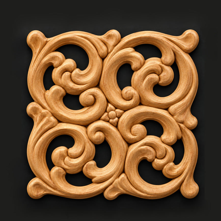 Vase and laurels carved wood applique