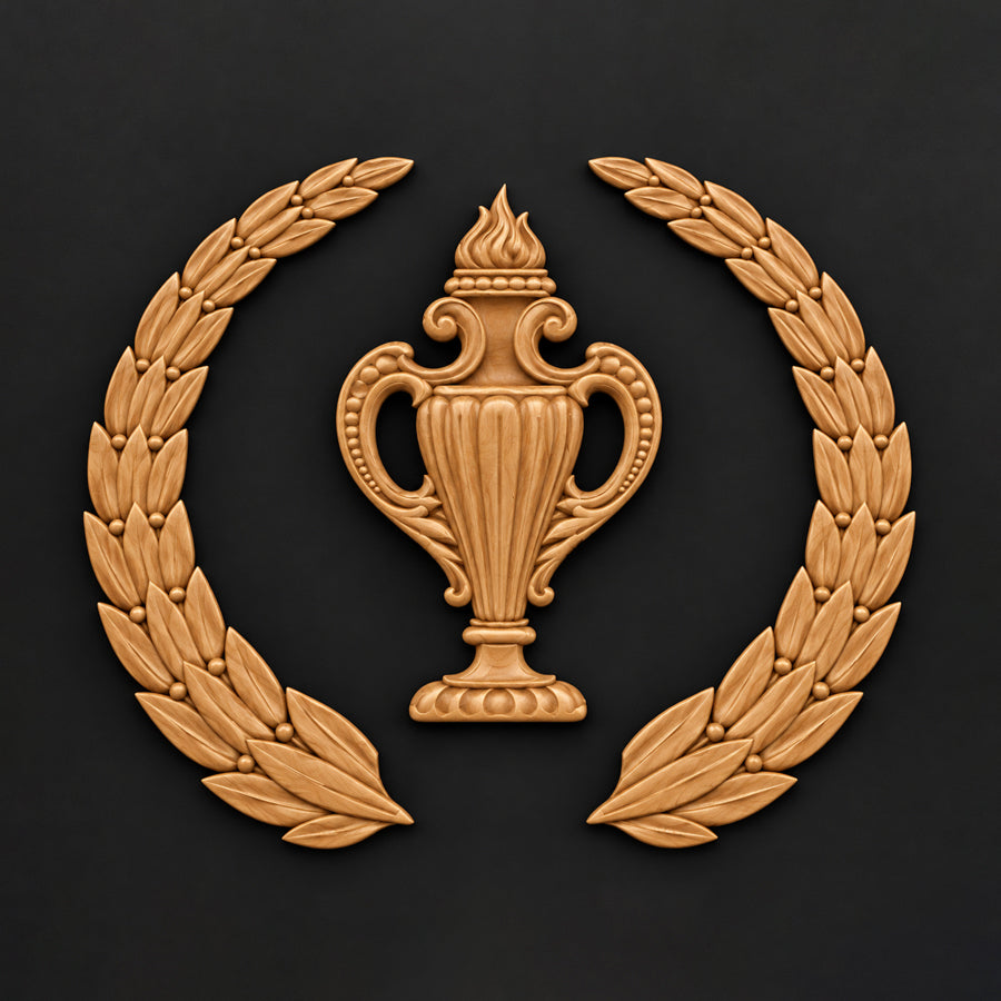 Urn and laurel carved wood applique set